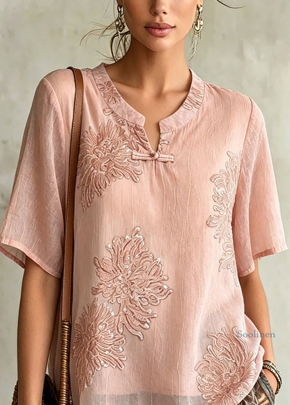 Pink O-neck Patchwork Chiffon Shirt Summer