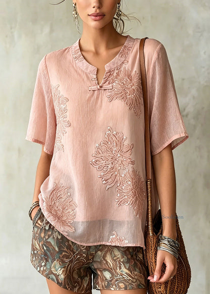 Pink O-neck Patchwork Chiffon Shirt Summer