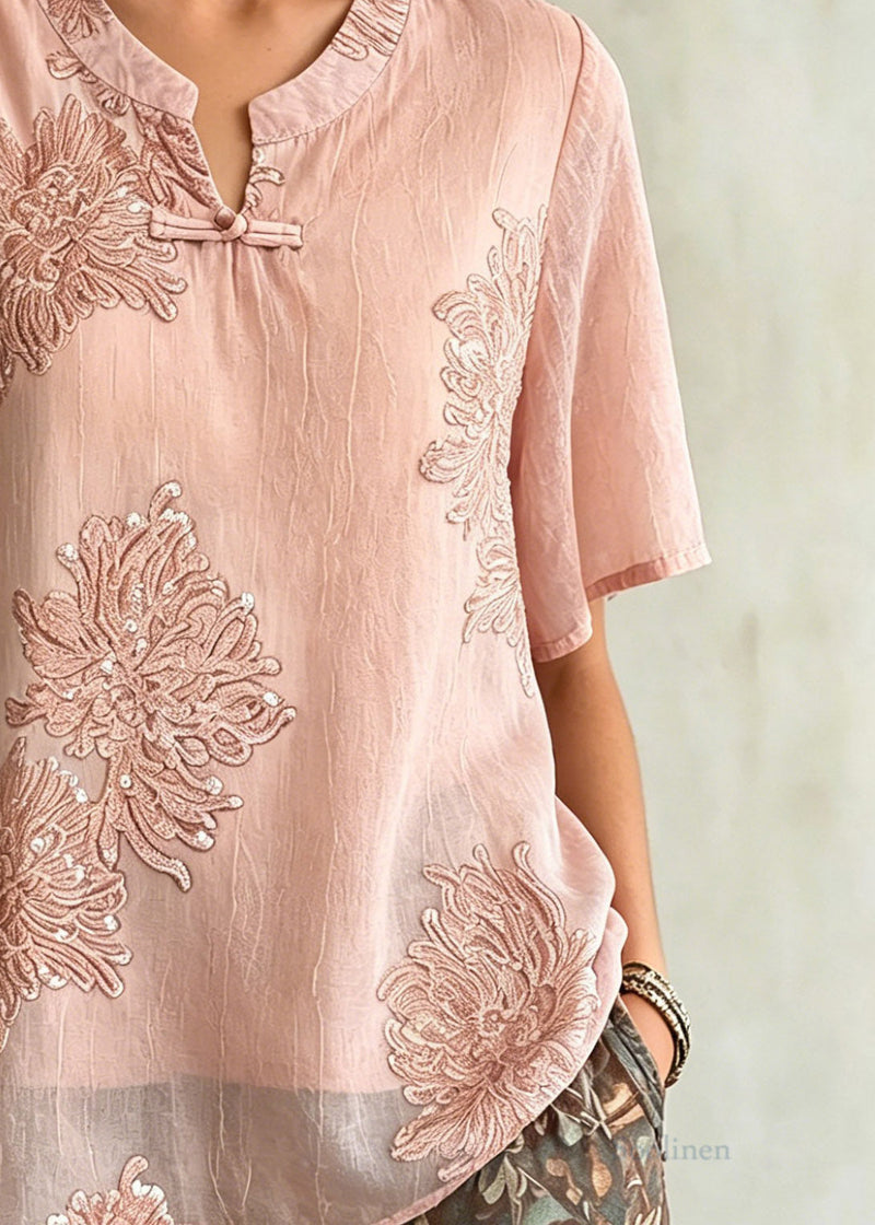Pink O-neck Patchwork Chiffon Shirt Summer