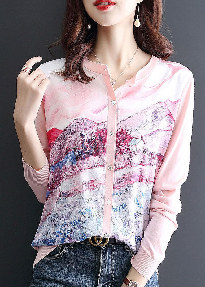 Pink O-neck Patchwork Knit Cardigan Spring
