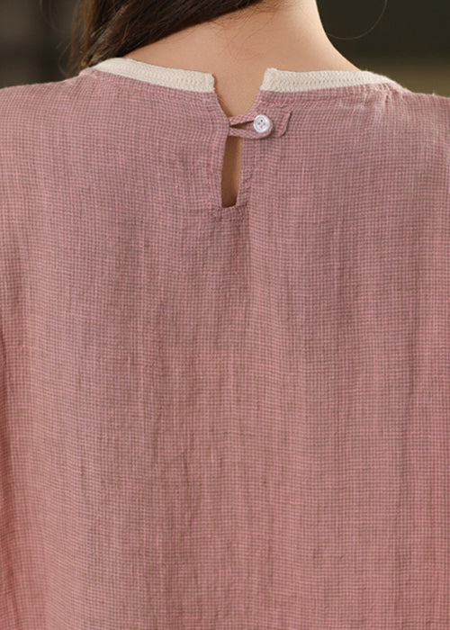 Pink O Neck Patchwork Linen T Shirts Summer