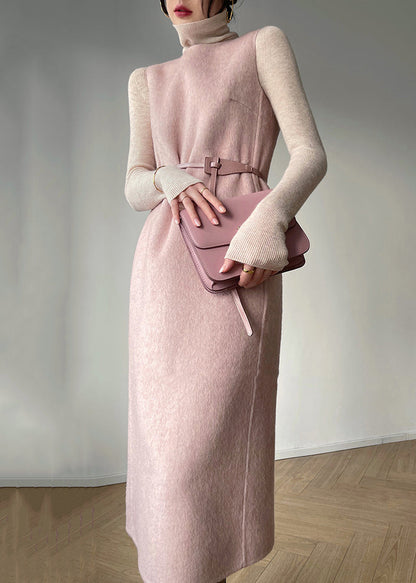 Pink O-neck Pockets Patchwork Wool Two Piece Suit Set Fall