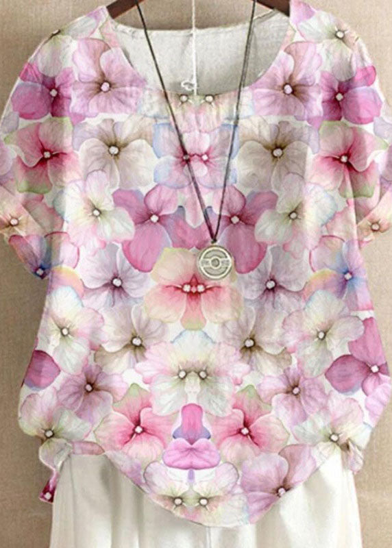 Pink O Neck Print Patchwork Linen T Shirt Top Summer