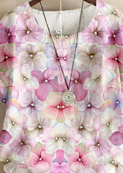 Pink O Neck Print Patchwork Linen T Shirt Top Summer