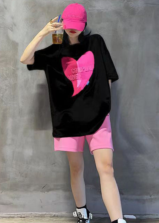 Pink O Neck Print Patchwork Tops and Shorts Cotton Two Pieces Set Summer