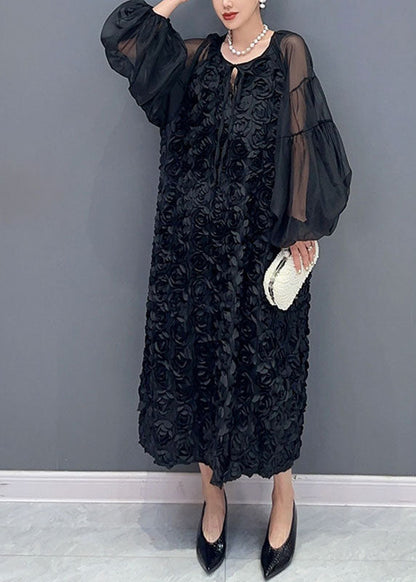 Pink O-neck Tulle Patchworkfloral Maxi Dress Long Sleeveless
