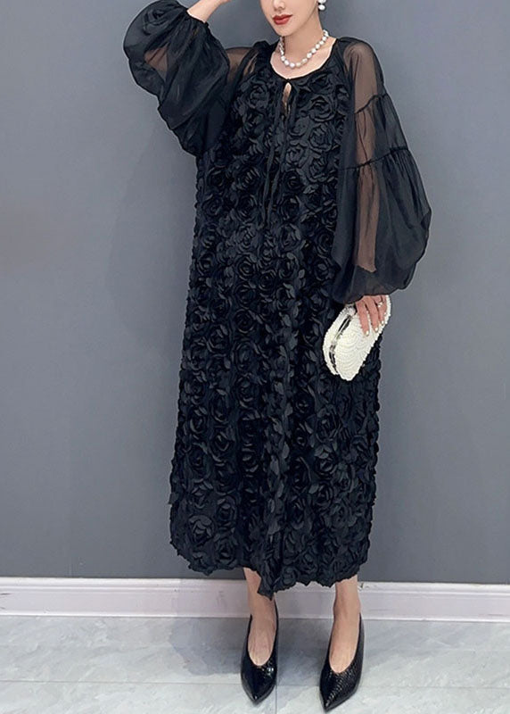 Pink O-neck Tulle Patchworkfloral Maxi Dress Long Sleeveless