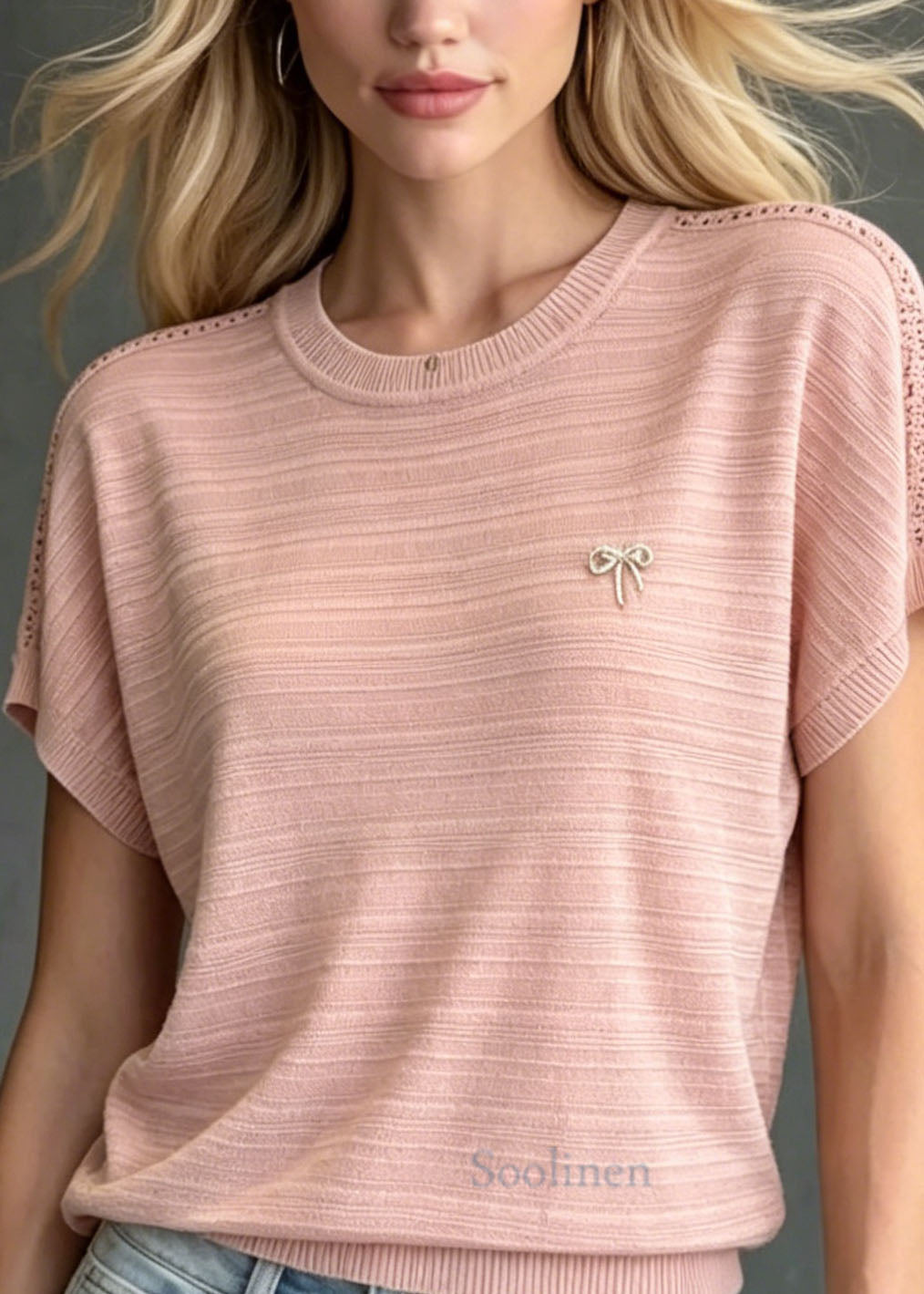Pink O Neck Zircon Ice Silk Knit T Shirts Summer