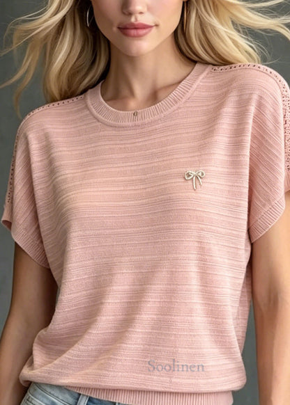 Pink O Neck Zircon Ice Silk Knit T Shirts Summer
