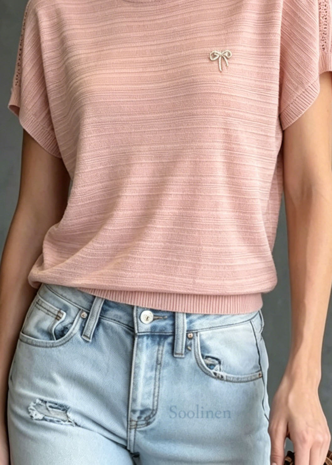Pink O Neck Zircon Ice Silk Knit T Shirts Summer