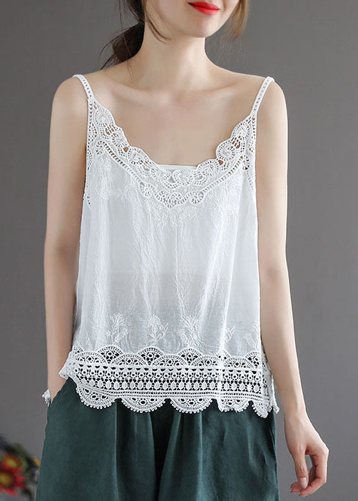 Pink Original Design Embroideried Cotton Spaghetti Strap Tops Summer