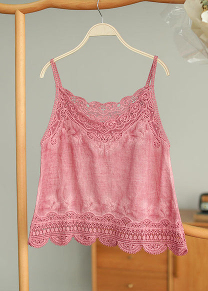 Pink Original Design Embroideried Cotton Spaghetti Strap Tops Summer