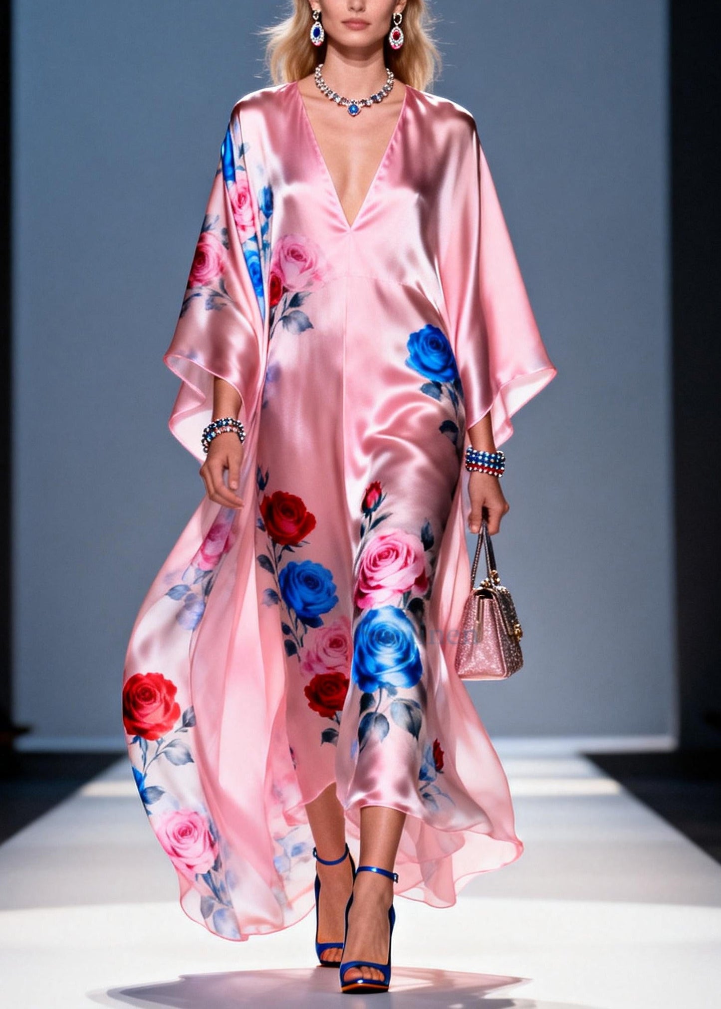 Pink Oversized Flower Print Chiffon Party Dress Summer