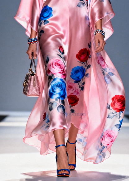 Pink Oversized Flower Print Chiffon Party Dress Summer