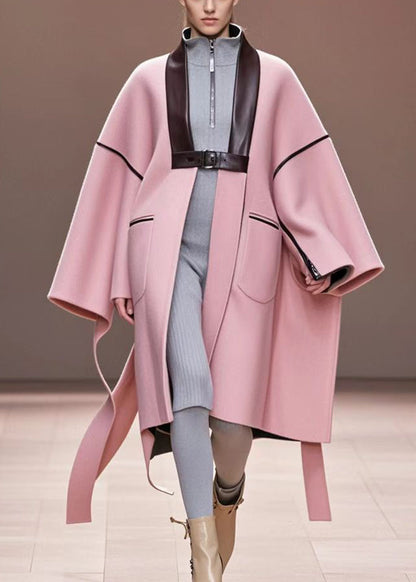 Pink Oversized Patchwork Woolen Trench Fall