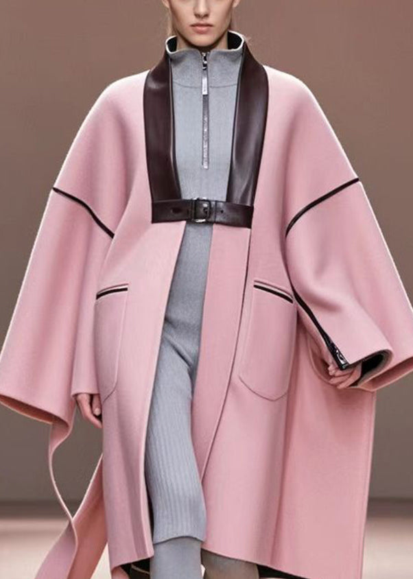 Pink Oversized Patchwork Woolen Trench Fall