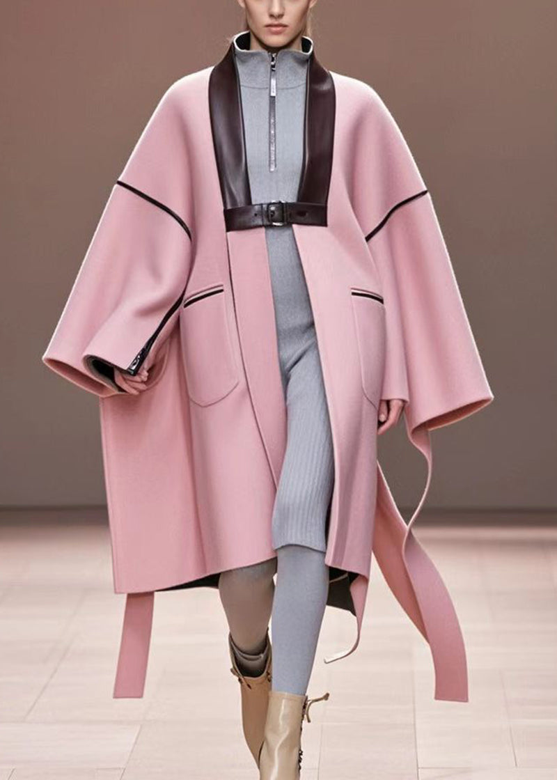 Pink Oversized Patchwork Woolen Trench Fall