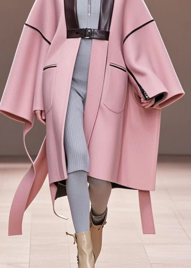 Pink Oversized Patchwork Woolen Trench Fall
