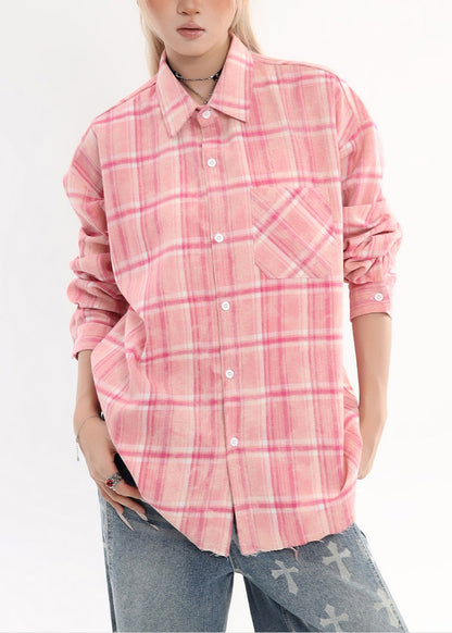 Women Pink Oversized Plaid Cotton Shirt Tops Spring