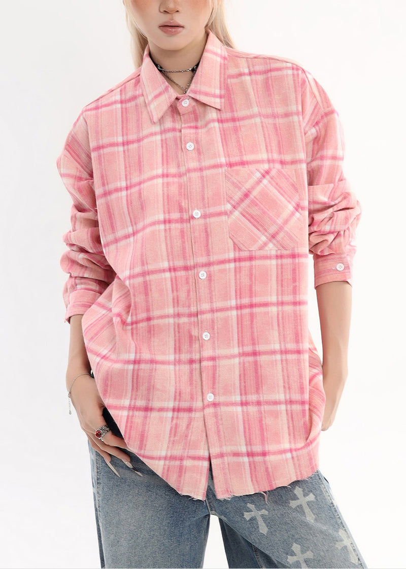 Pink Oversized Plaid Cotton Shirt Tops Spring