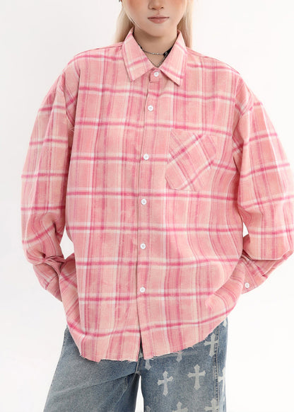 Women Pink Oversized Plaid Cotton Shirt Tops Spring