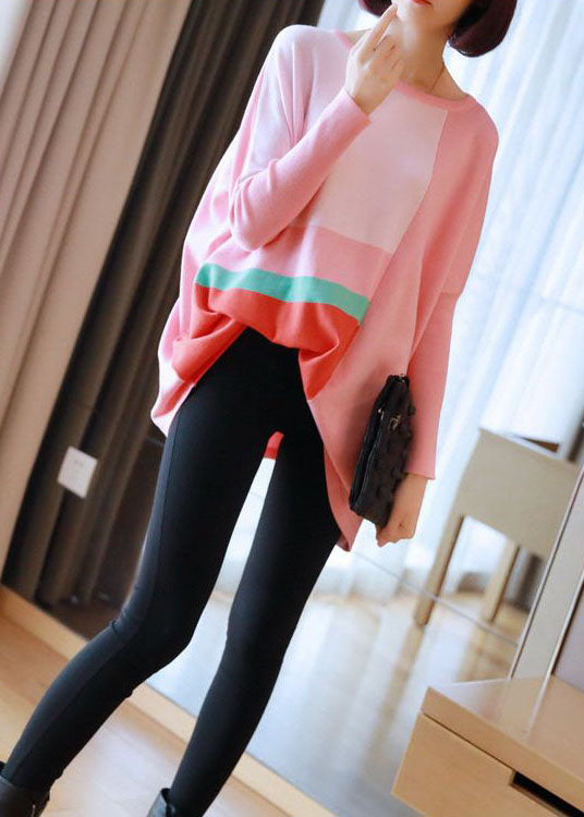 Pink Oversized Print Knit Tops Spring