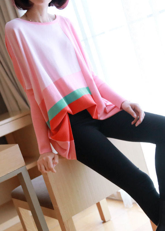 Pink Oversized Print Knit Tops Spring