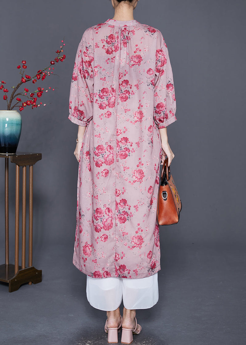 Pink Oversized Print Linen Maxi Dresses Bracelet Sleeve