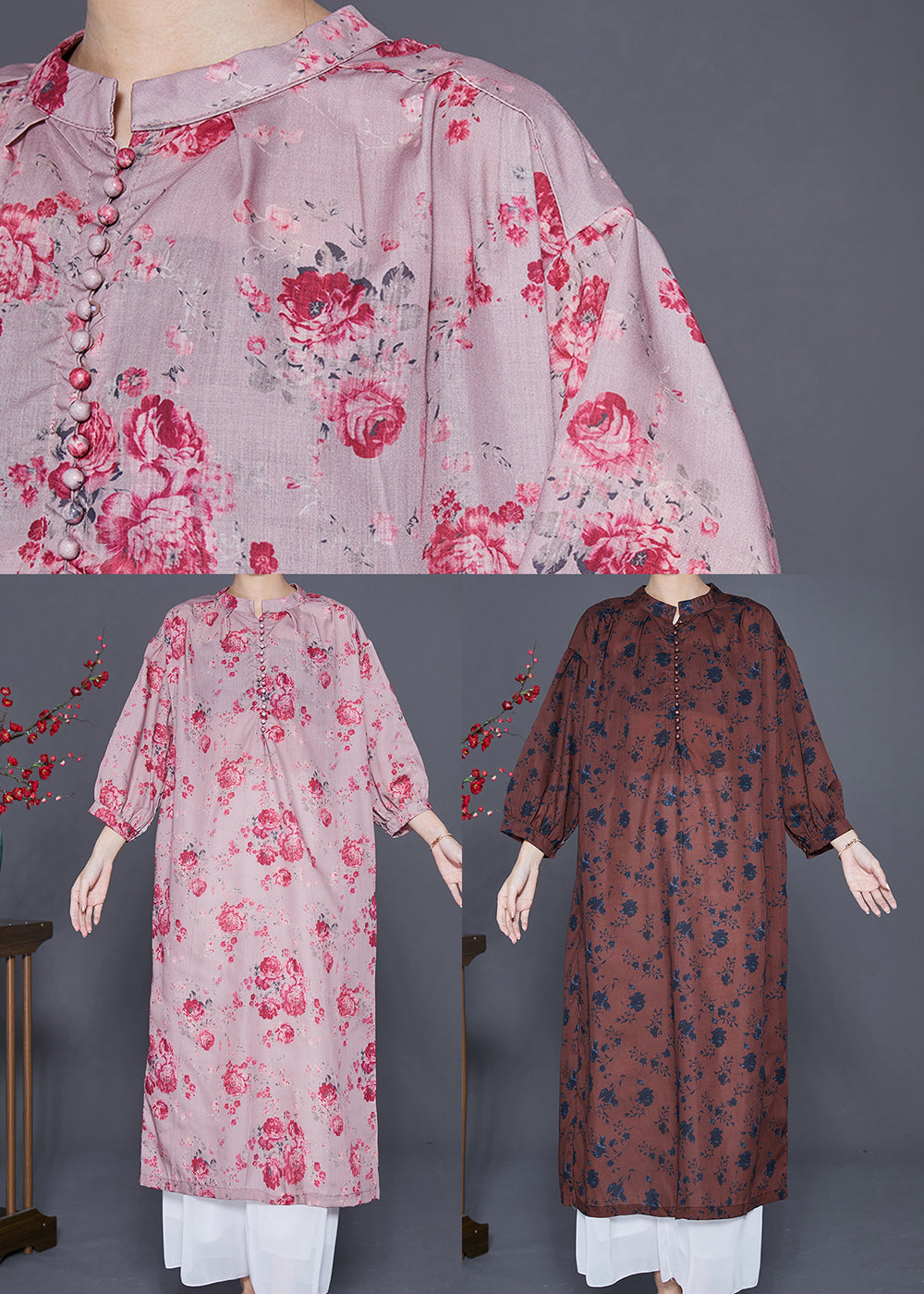 Pink Oversized Print Linen Maxi Dresses Bracelet Sleeve