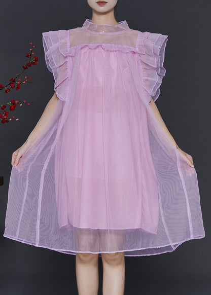 Pink Oversized Tulle Vacation Dress Butterfly Sleeve