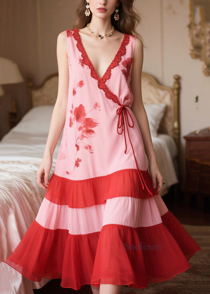 Pink Patchwork Tie Waist Chiffon Maxi Dresses Sleeveless