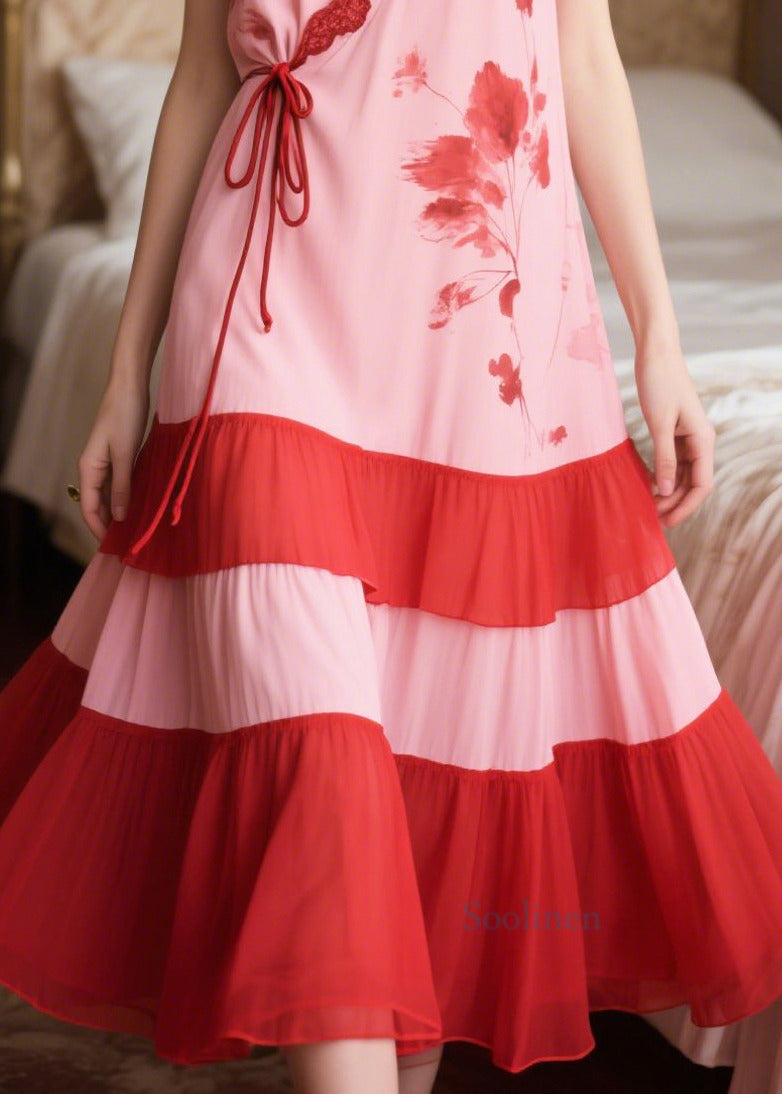 Pink Patchwork Tie Waist Chiffon Maxi Dresses Sleeveless