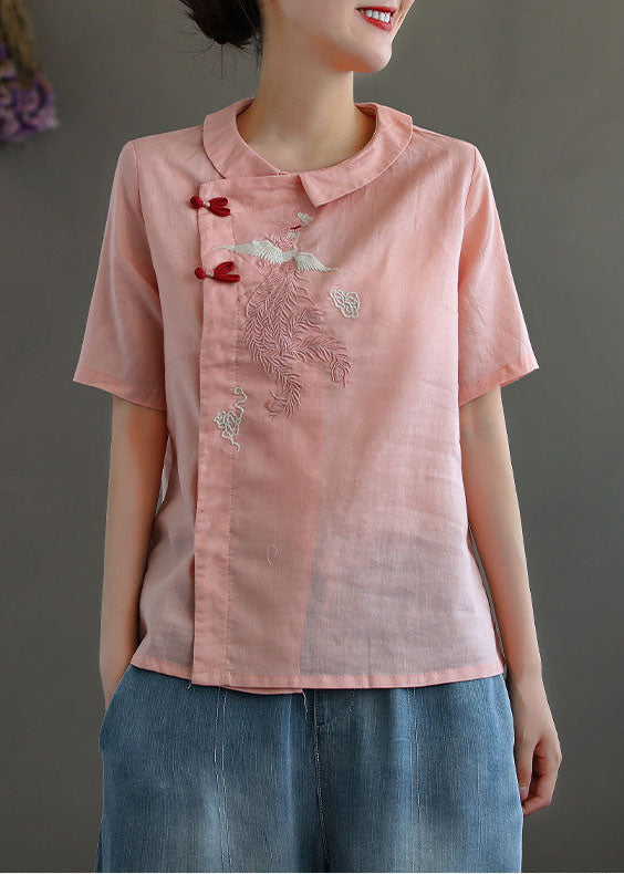 Pink Peter Pan Collar Embroideried Linen Blouse Tops Spring