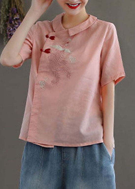 Pink Peter Pan Collar Embroideried Linen Blouse Tops Spring