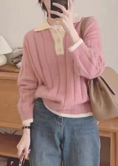Pink Peter Pan Collar Patchwork Cozy Knit Sweaters Fall
