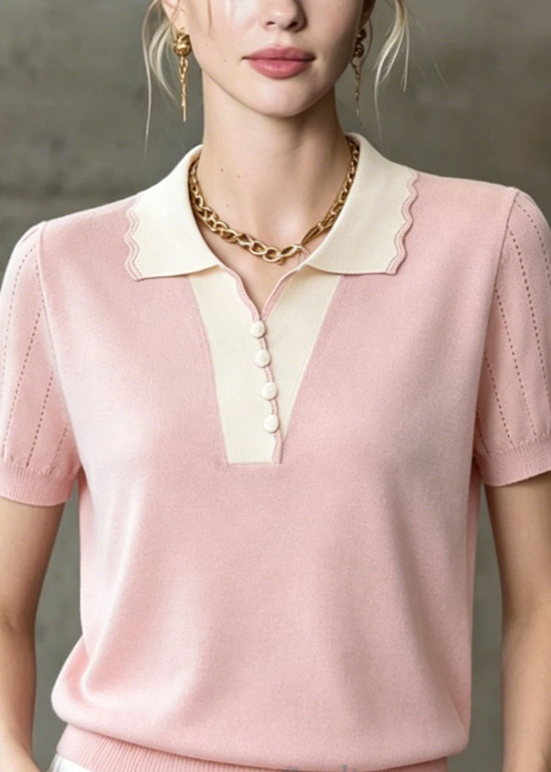 Pink Peter Pan Collar Patchwork Ice Silk Knit Tops Summer