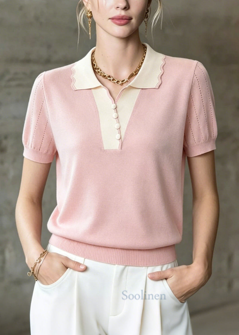 Pink Peter Pan Collar Patchwork Ice Silk Knit Tops Summer