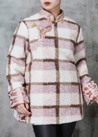 Pink Plaid Fine Cotton Filled Woolen Chinese Style Coats Spring