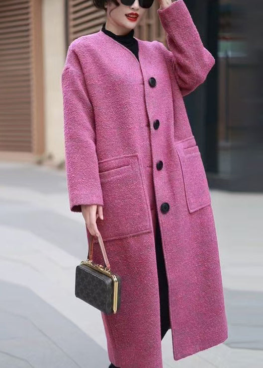 Pink Pockets Back Side Open Woolen Coats Winter