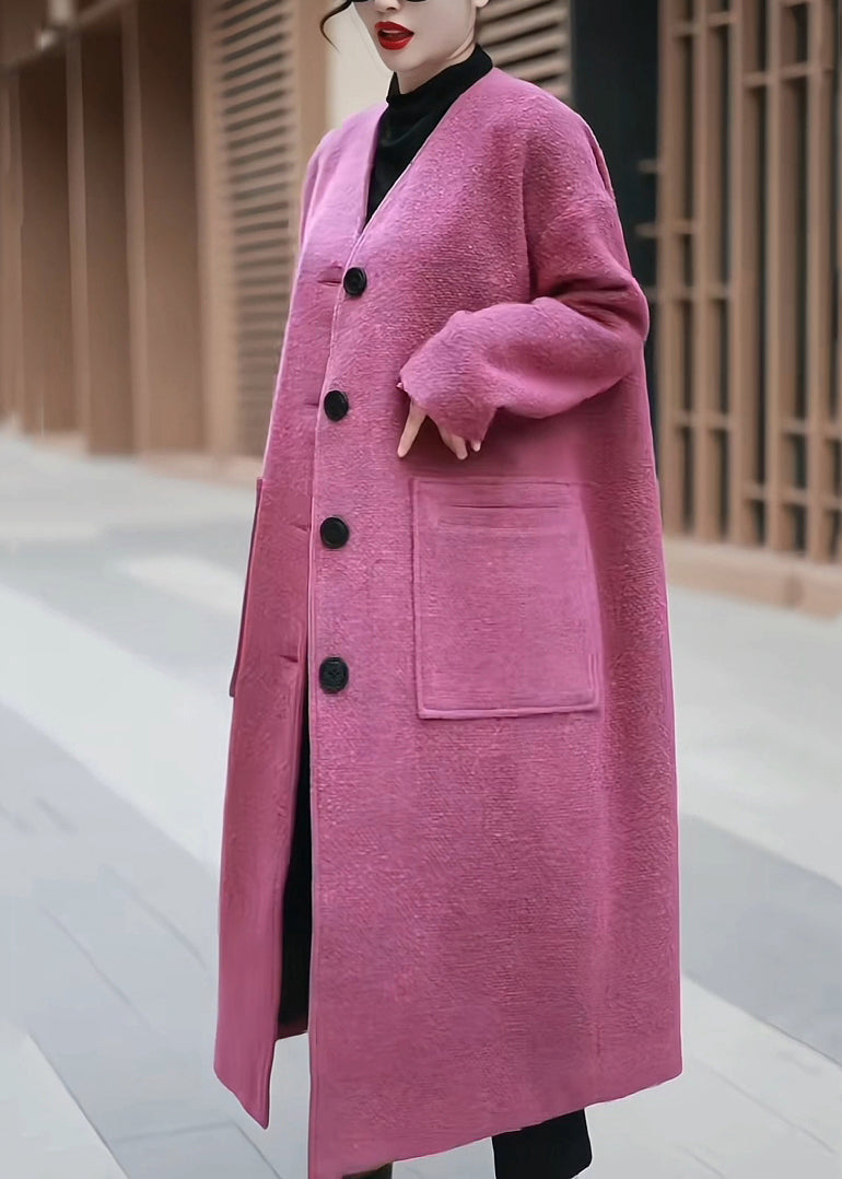 Pink Pockets Back Side Open Woolen Coats Winter
