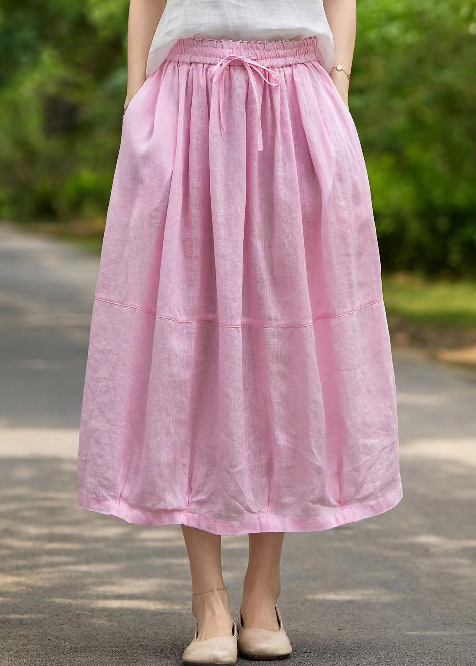 Pink Pockets Elastic Waist Linen Skirt Summer