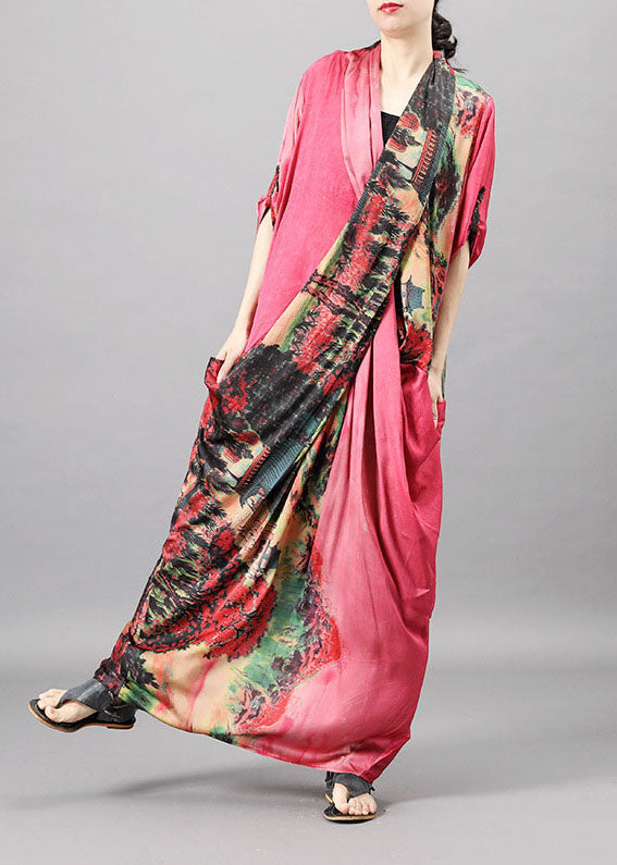 Pink Pockets Print Patchwork Fall Half Sleeve Dress