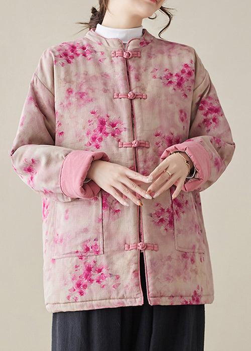 Pink Print Button Pockets Cotton Filled Parkas Winter
