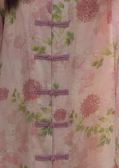 Women Pink Print Chinese Button Cotton Shirts Long Sleeve
