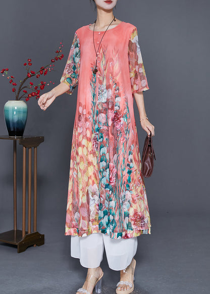 Pink Print Draping Chiffon Fake Two Piece Dresses Summer