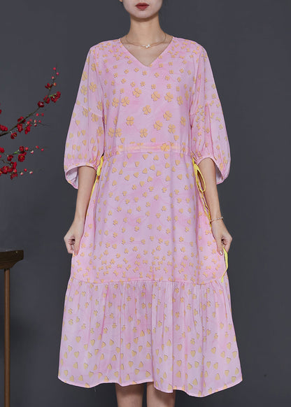 Pink Print Drawstring Cotton Maxi Dresses Bracelet Sleeve