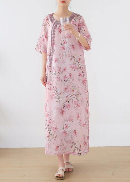 Pink Print Embroidery Oriental Summer Linen Dress