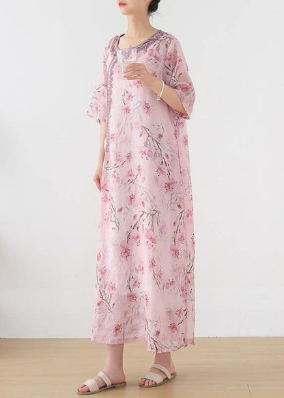 Pink Print Embroidery Oriental Summer Linen Dress