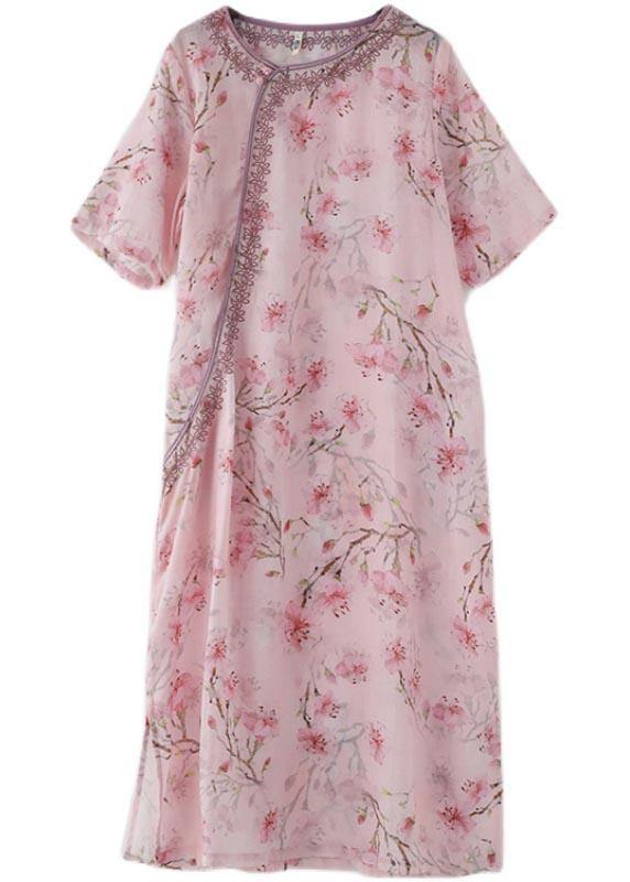 Pink Print Embroidery Oriental Summer Linen Dress