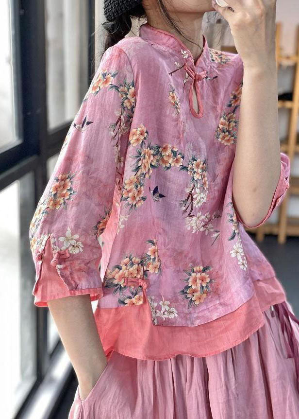 Pink Print Patchwork Blouses Half Sleeve